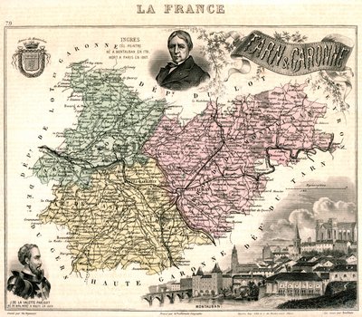 Carte de Tarn-et-Garonne avec une vue de Montauban et des portraits d