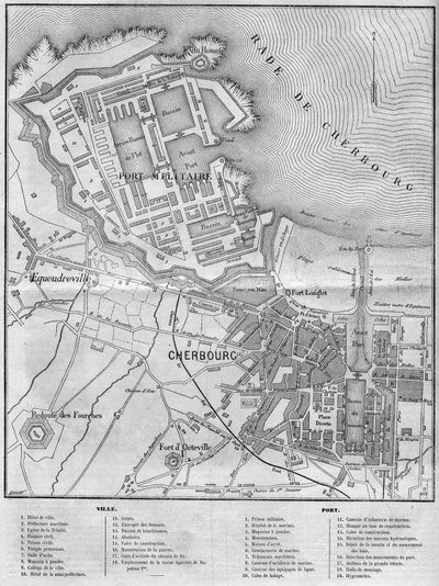 Carte de la ville et du port de Cherbourg, Manche (50) - French School