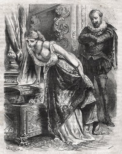 Marguerite de Valois (1553-1615), dite Reine Margot, cache Julien de Léris, son amant, dans un coffre. Son mari, le roi Henri IV de France (1553-1610), observe la scène avec amusement. 16ème siècle. Gravure de 1871 dans "Histoire Des Cocus Célèbres" par He - French School