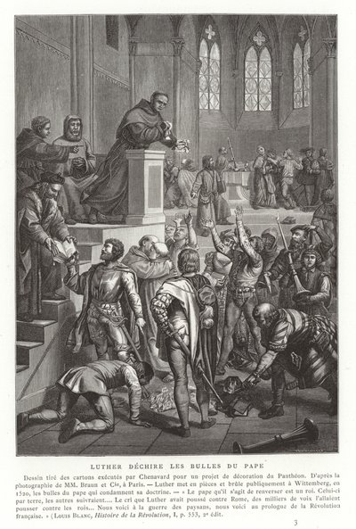 Martin Luther déchirant les bulles papales, Wittenberg, Allemagne, 1520 - French School