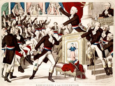 Maximilien Robespierre à la Convention (Séance du 19 Thermidor 1794), Jean Lambert Tallian menace Robespierre avec un couteau - Gravure populaire de l