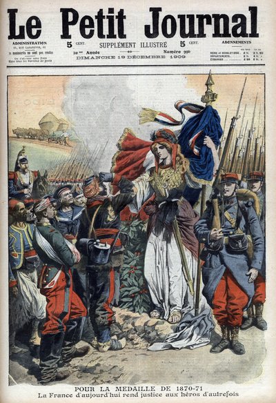 Médaille pour les vétérans de la guerre de 1870-1871 : allégorie de la France rendant justice aux héros du passé - « Le Petit Journal » du 19 décembre 1909 (gravure) - French School