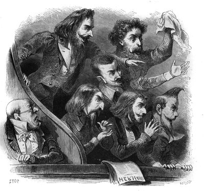 Membres du mouvement littéraire romantique assistant à la première représentation de la pièce de Victor Hugo « Hernani » (1802-1885) à la Comédie-Française à Paris, le 25 février - French School