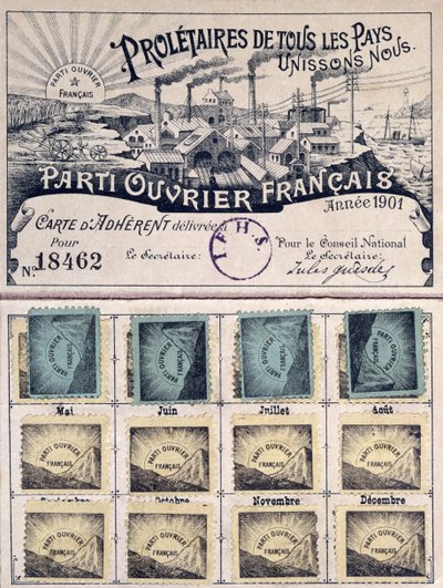 Carte de membre du Parti Ouvrier Français sous la direction de Jules Guesde (1845-1922) 1901 - French School