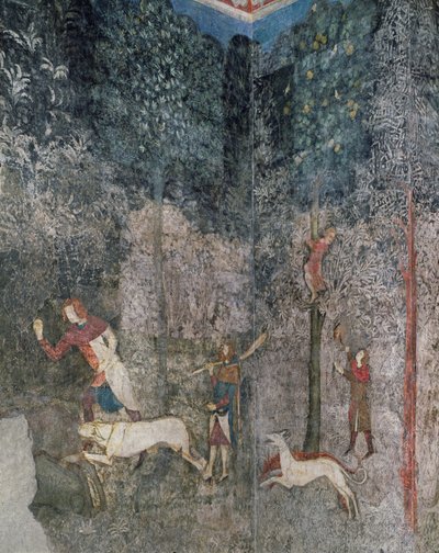 Hommes chassant avec des chiens, détail de La Chambre du Cerf (1343) - French School