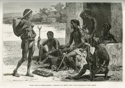 Hommes, femmes et ustensiles (région de Bihe, Rwanda). Gravure par D. Maillart, pour illustrer l