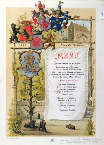 Menu, possiblement de Le Bernois, 14 janvier 1888 - French School