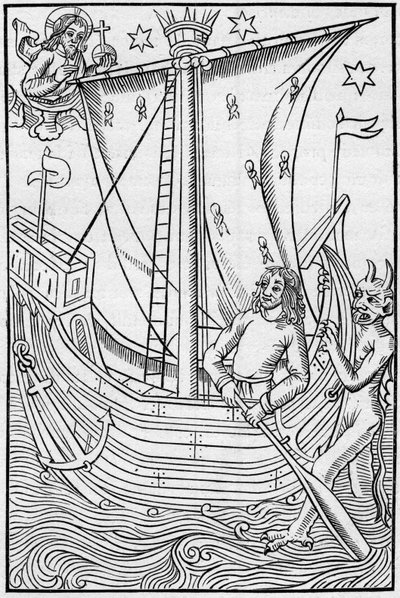 Navire marchand du Moyen Âge au milieu des périls de la mer. Gravure dans «La Marine et les colonies: commerce» - French School