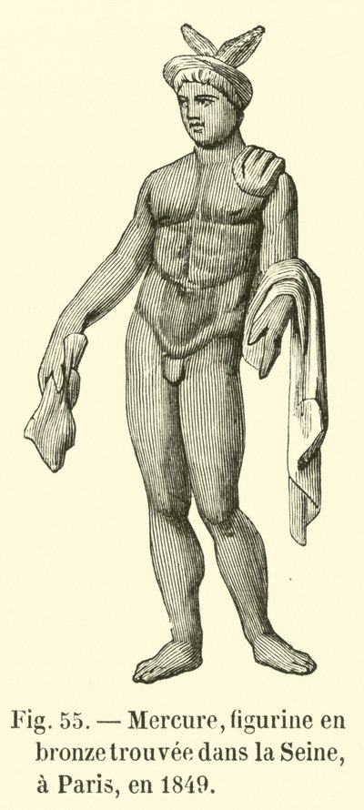Mercure, figurine en bronze trouvee dans la Seine, a Paris, en 1849 (engraving) - French School