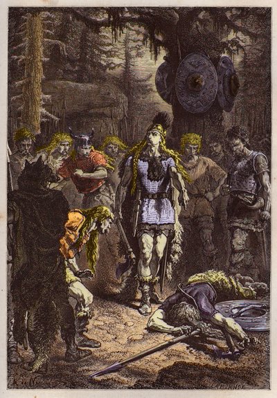 Mérovingiens : Clovis 1er abattant le soldat qui avait brisé le vase de Soissons, en 486 - Clovis (465-511) et le guerrier franc qui a brisé le vase de Soissons en 486 - gravure de "L