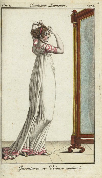 Merveilleuse se coiffant devant un miroir - French School
