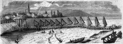 Phénomène météorologique : dessèchement du Rhin en 1858. Vue du pont de Kehl (Allemagne), prise en aval de la côte française. Gravure dans « Le Monde Illustré » n°50 du 27 mars 1858. - French School