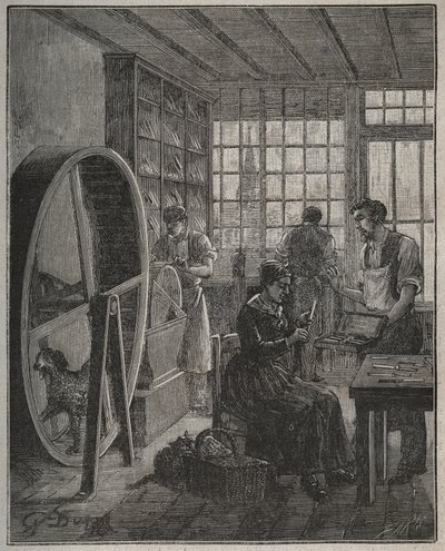 Métier et artisan : une coutellerie en province au XIXe siècle. Gravure de 1885 dans « Les arts et métiers illustrés » par Adolphe Bitard - French School