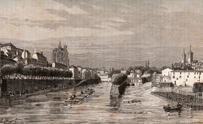 Metz - vue du port Saint-Georges - Moselle - gravure dans "La France illustrée: géographie, histoire, administration statistique" par V.A. Malte-Brun. 1884 - French School