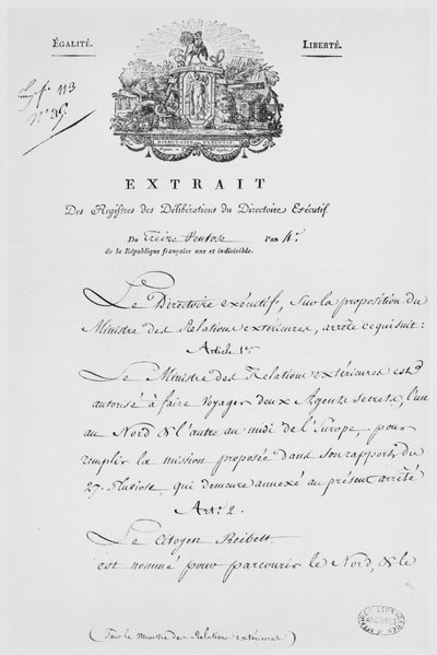Ministère des Affaires étrangères, nomination de deux agents secrets, 1796 - French School