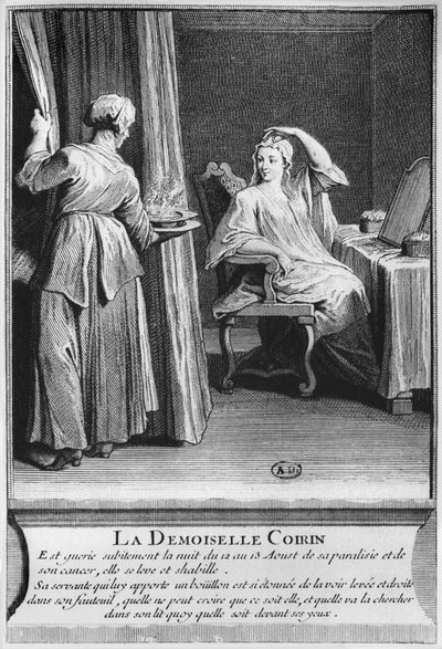 Guérison miraculeuse de la paralysie et du cancer de Demoiselle Coirin, sur la tombe du diacre François de Paris au cimetière paroissial Saint-Médard à Paris, illustration de La vérité des miracles de M - French School