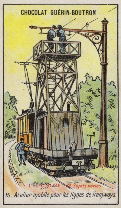 Plateforme mobile pour la réparation des lignes électriques aériennes sur les tramways (chromolithographie) - French School