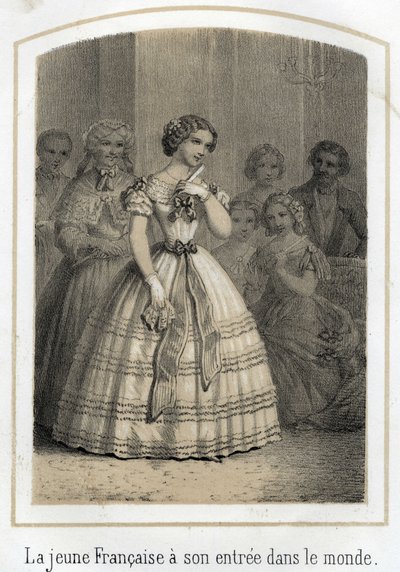 Mondanité : la jeune Française fait son entrée dans le monde. Elle est admirée de tous. Gravure anonyme du XIXe siècle - French School