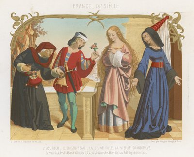 Prêteur sur gages, écuyer, une jeune femme et une vieille femme - French School
