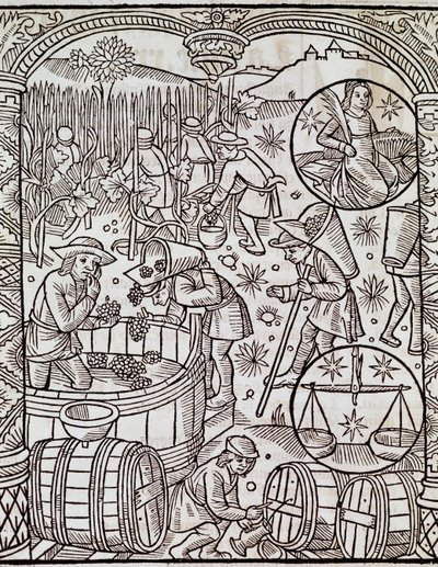 Mois de la récolte, avec signes du zodiaque Vierge et Balance, gravure du Grand calendrier des bergers, France - French School