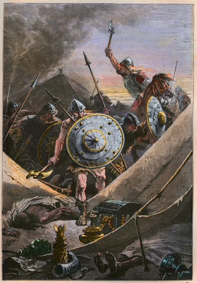 Invasions maures au Moyen Âge : Les Francs dirigés par Charles Martel attaquent le camp militaire des Sarrasins lors de la bataille de Tours (bataille de Poitiers), arrêtant l