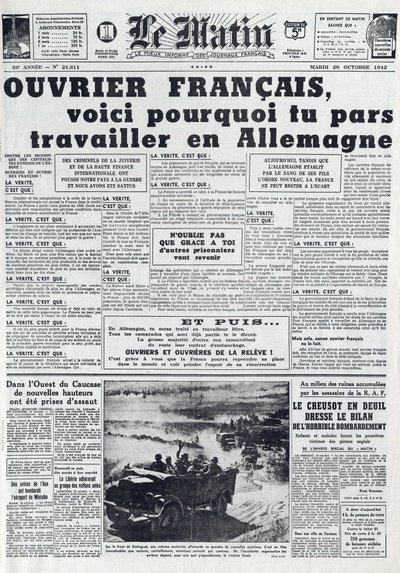 Journal du Matin No. 21311 du 20 octobre 1942 : Le Sto - Service du Travail Obligatoire - Pourquoi aller travailler en Allemagne - French School