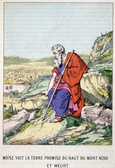 Moïse voit la terre promise du sommet du mont Nebo et meurt - dans « La vie de Moïse », éd. Olivier Pinot, Épinal, fin 19ème siècle - French School