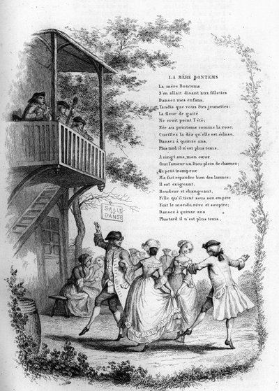 Mère Bontems (Bontemps). Danse de jeunes couples dans un village avec des musiciens sur le balcon. Gravure dans « Chants et chansons populaires de la France », Tome 2 - French School
