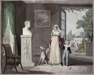 Mère et fils pleurant devant le buste d
