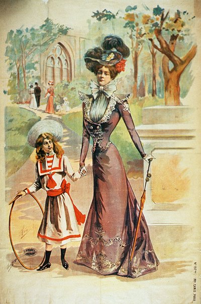 Mère et fille en promenade - French School