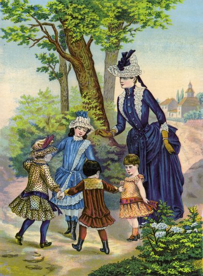 Mère avec des enfants jouant à la campagne - French School