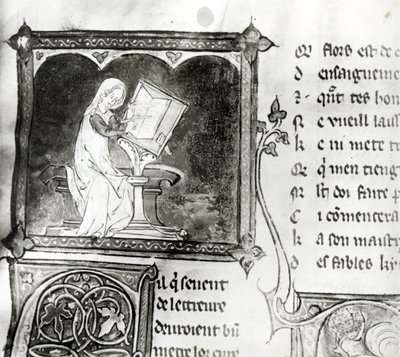 Ms.3142 fol.256 Marie de France (fl. XIIe siècle) écrivant, d
