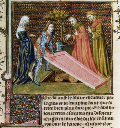 Lancelot soulève la pierre de sa propre tombe prédestinée et apprend son nom et sa parenté, du Livre de Messire Lancelot du Lac - French School