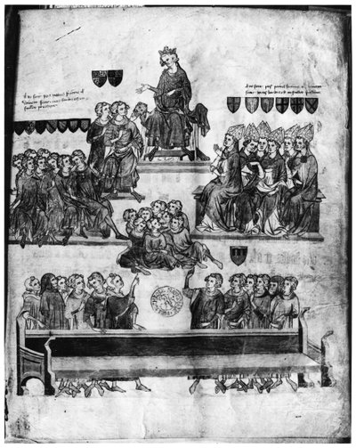 Ms.Fr. 18437 fol. 2 La Cour des Pairs présidée par Philippe VI (1293-1350) de Procès de Robert III d