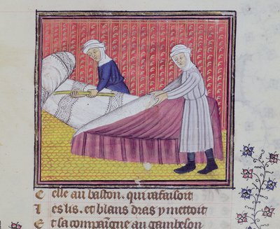 Ms 1130 fol.83r Chasteté et Pauvreté faisant un lit, du Roman des Trois Pèlerinages par Guillaume de Digulleville - French School