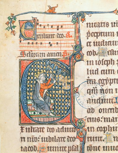 Initiale historiée représentant le roi David jouant du carillon, illustration d