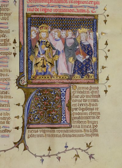 Ms 13. fol 232 Couronnement de Louis IX (121415-70) et probablement de Frédéric II (1194-1250), d