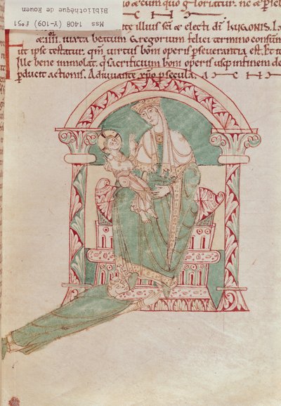 Ms 1408 fol.51 Vierge et Enfant avec Saint Grégoire le Grand (540-604) de Sermons et Vies de Saints - French School