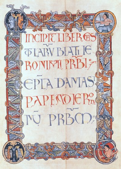 Ms 154 fol.3 Page de texte avec une bordure fleurie, des lettres de Saint Jérôme - French School