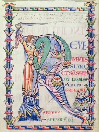 Initiale historiée R représentant un chevalier combattant un dragon, du Moralia in Job par le pape Grégoire le Grand - French School