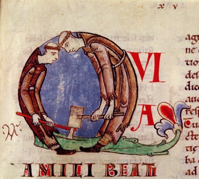 Ms 170 fol.59 Initiale historiée Q représentant des moines coupant du bois, de Moralia in Job par le Pape Grégoire le Grand - French School