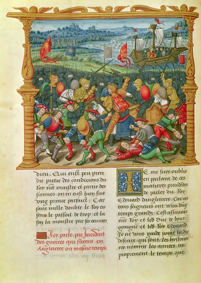 Ms 18 f.73v Le roi Édouard III en guerre à la bataille de Crécy en 1346, des Mémoires de Philippe de Commynes (1445-1509) - French School