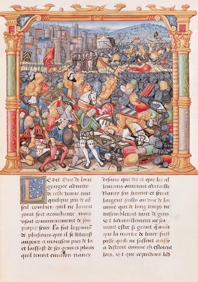 Ms 18 fol.150r Bataille de Nancy en 1477, des Mémoires de Philippe de Commynes - French School
