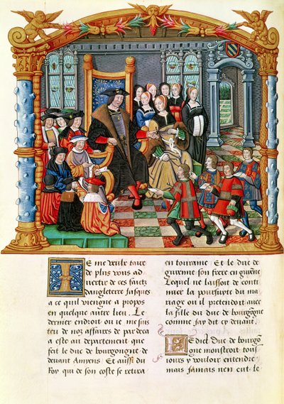 Charles le Téméraire, duc de Bourgogne, recevant les envoyés de France et de Guyenne, des Mémoires de Philippe de Commynes (1445-1509) - French School