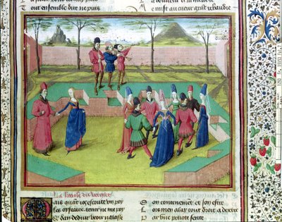 Ms 19153 f.7 Une Carole dans le verger, illustration de Le Roman de la Rose par Jean de Meung, c.1460 - French School