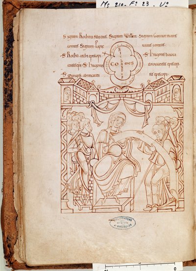Ms 210 fol.23v La Donation de Gonnor, duchesse de Normandie, au monastère de Mont Saint-Michel, du Cartulaire de Mont-Saint-Michel, 1150s - French School