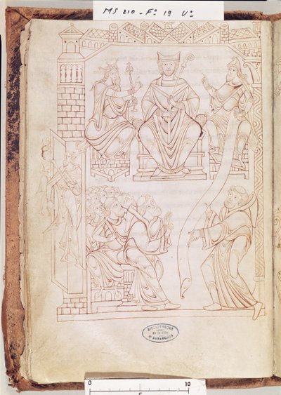 Ms 210 fol 19v. Cartulaire de Mont Saint-Michel : Le duc Richard II de Normandie offrant des terres et des privilèges au monastère du Mont St. Michel, 1150s - French School