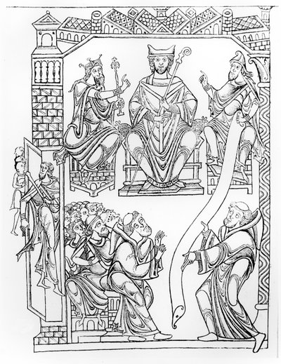 Cartulaire du Mont Saint-Michel : le duc Richard II de Normandie faisant don de terres et de privilèges au monastère du Mont Saint-Michel - French School