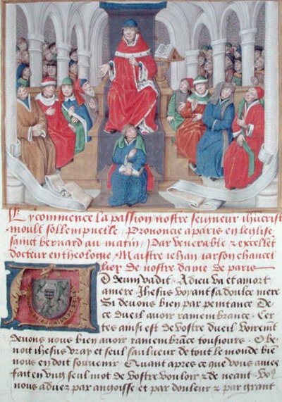 Ms 230 fol.1 Jean de Gerson (1363-1429) prêchant la Passion le matin dans l