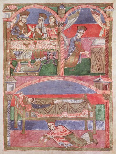 Ms 250 f.24r Sainte Radegonde à la table de Clotaire Ier, dans son oratoire et aux pieds du lit royal, de la Vie de Sainte Radegonde - French School